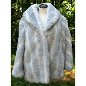 Vtg 1980s Wiman Faux Fur Coat White/Grey Womens Sz 8 Stripes Satin Lining City